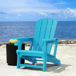 SEVOBAL Outdoor Portable Chairs Folding Adirondack Wooden Textured With Cup Holder Weather Resistant With Cup Holder, Blue, 29.6"*31.4"*36.4"