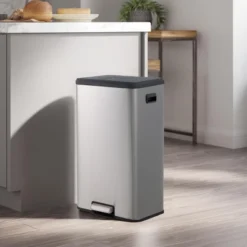 SEVOBAL Trash Can Kitchen Garbage Can Trash Cans Rectangle Stainless Steel With Soft Close Lid Step Foot Pedal Bathroom Toilet, Gray, 30"*23"*16"