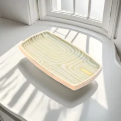 SEVOBAL Serving Platters Striped Wooden Large Rustic, Mango Wood Tray For Cakes, Appetizers, Desserts And Others, Beige, 14.96"*7.87"*0.98"