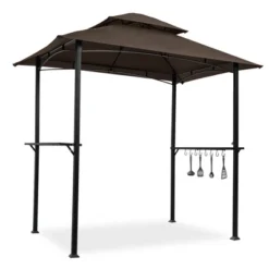 Sevobal Patio Umbrellas Outdoor Grill Gazebo Shelter Tent, Double Tier Soft Top Canopy And Steel Frame With Hook And Bar Counters, Brown, 95"*59"*97"