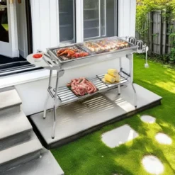 SEVOBAL Outdoor Grills, Griddles And Smokers Foldable Outdoor BBQ Set With Non Stick Pan, Accessories For Camping, Picnics, Silver, 30.3"*11.17"*7.5" -Household Items GUEST 0c4dc110 5916 4c2d 9ff8 064bc85bf6a5