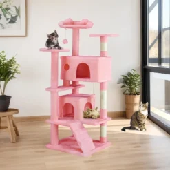 Sevobal Pet Tower Cat Tree Tower, Multi-Level With Sisal Grab Post, Indoor Apartment With Ladder, Plush Toys, Rest And Play, Pink, 19.7″*19.7″*53.14″ -Household Items GUEST 0d48041a 5e4a 4874 b5d3 0eec020e9f1b