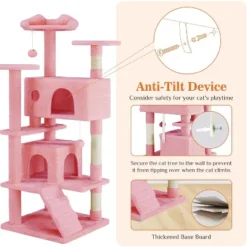 Sevobal Pet Tower Cat Tree Tower, Multi-Level With Sisal Grab Post, Indoor Apartment With Ladder, Plush Toys, Rest And Play, Pink, 19.7″*19.7″*53.14″
