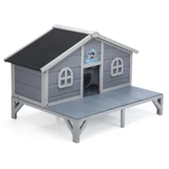 SEVOBAL Pet Crates And Houses All Weather Wooden Cat House Play Pen Cozy Fringe Curtains Lockable Doors For Outdoor Patio, Gray, 43.31"*31.1"*29.13" -Household Items GUEST 11f182c2 2a0d 4599 8ed2 a18bc6ed51aa