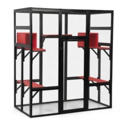 SEVOBAL 62.5" Gothic Outdoor Large Cat Catio Wood Cat Enclosure With Platforms And Condos Patio Cat Window Box Weatherproof Black And Red For Festival -Household Items GUEST 1283f66d 907e 4da1 b278 2fc1fe21583d