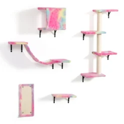Sevobal Pet Tower Wall Mounted Cat Tree, 5 Pcs Cat Tower For Kittens, Modern Cat Furniture, Pink, 19.75"*7.85"*38.25"