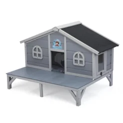 SEVOBAL Pet Crates And Houses All Weather Wooden Cat House Play Pen Cozy Fringe Curtains Lockable Doors For Outdoor Patio, Gray, 43.31"*31.1"*29.13"
