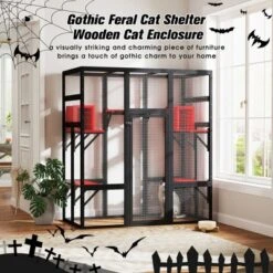Sevobal Pet Crates And Houses Gothic Outdoor Large Cat Catio With Platforms And Condos, Patio Cat Window Box, Weatherproof, Black, 62.6"*32.3"*70.1"