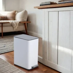 SEVOBAL Trash Can Kitchen Garbage Can Trash Cans Rectangle Stainless Steel With Soft Close Lid Step Foot Pedal Bathroom Toilet, White, 19"*16"*10"
