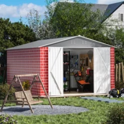 SEVOBAL Storage Sheds Hinge Portal Exterior Storage Room With All-Weather Design Metal Tool Shed For Backyard, Red, 142.13"*101.6"*80.12" -Household Items GUEST 1d1d623a 0aff 4eda bad0 df7f463cd021