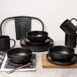 SEVOBAL 12-Piece Stoneware Dinnerware Set With Mug Microwave Dishwasher Friendly Stackable Matte Glaze Plates Bowls Service For 3, Black, 10"*10"*2.4" -Household Items GUEST 232c2fe9 5ded 4640 9d86 cab14bc17797