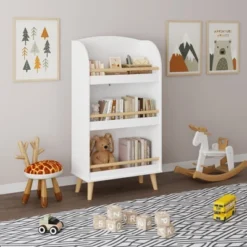Sevobal Decorative Bookshelf Kids Bookshelf, 3-Tier Bookcase, Book Organizer, Toy Storage Cabinet Organizer, White, 19.68"*9.44"*37.4"