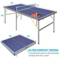 SEVOBAL Table Tennis Accessories 6ft Mid Size Ping Pong Table Foldable Portable Set For Indoor And Outdoor Games, Blue, 39.17"*39.17"*3.94"