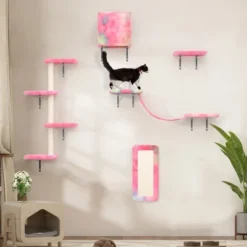 Sevobal Pet Tower Wall Mounted Cat Tree, 5 Pcs Cat Tower For Kittens, Modern Cat Furniture, Pink, 19.75"*7.85"*38.25" -Household Items GUEST 2c9c56b9 113e 487a b22e f4a98a538b9b