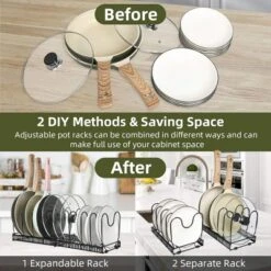 SEVOBAL Pot Rack Expandable Pan Organizer Lid Holder 10 Adjustable Compartment Kitchen Cabinet Cookware Baking Frying Rack, Black, 12.29"*8.19"*2.73" -Household Items GUEST 2ffe642c a4db 4cae 8689 c9a60cd41f69