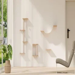 SEVOBAL Pet Tower Light Wall-Mounted Cat Climbing Set, 4-Piece Space-Saving Shelves With Scratching Posts For Indoor Cats, Beige, 13.7"*14.6"*9.5"