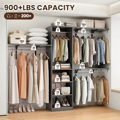 SEVOBAL Freestanding Coat Racks 6 Shelves And 3 Rods Heavy-Duty Wood Closet Organizer System, Adjustable Storage For Using, Gray, 15.8"*96.1"*75" 4 SEVOBAL Freestanding Coat Racks 6 Shelves And 3 Rods Heavy-Duty Wood Closet Organizer System, Adjustable Storage For Using, Gray, 15.8"*96.1"*75" - Image 2