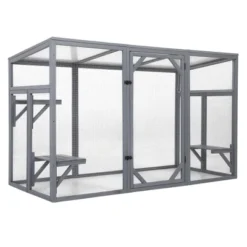 SEVOBAL Pet Crates And Houses Outdoor Wood Cat Enclosure With 3 Platforms Lockable Door Sun Sheet Roof Large Run For Pets, Gray, 70.87"*31.5"*44.3" -Household Items GUEST 38104364 be77 4e0b 85f3 cdba9433e17d