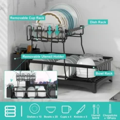 SEVOBAL 2-Tier Dish Racks Kitchen Holder Dish Drying Rack Drainboard Detachable Drainer Organizer Utensil Cup Rack Swivel, Black, 17.36"*12.68"*4.29" -Household Items GUEST 39955703 5953 4848 b107 66aba2f06591