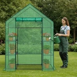 SEVOBAL Greenhouse Outdoor Durable PE Plant Green House For Frost Protection Shelf Clips Roll-up Zipper Door Walk-in For Planter, Green, 99"*37"*10"