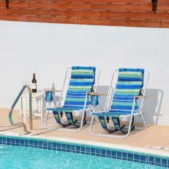 Sevobal Outdoor Portable Chairs 2PCS Reclining Beach Chair Set With Cup Holder And Headrest For Lawn Patio Deck Garden, Multicolored, 23"*21.7"*31.5"