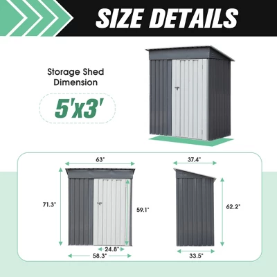 SEVOBAL Storage Sheds Outdoor Storage Room With All-Weather Design Metal Tool Shed For Backyard, Patio, Lawn, Gray, 63"*37.4"*71.26" 4 SEVOBAL Storage Sheds Outdoor Storage Room With All-Weather Design Metal Tool Shed For Backyard, Patio, Lawn, Gray, 63"*37.4"*71.26" - Image 2