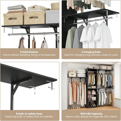 SEVOBAL Freestanding Coat Racks 6 Shelves And 3 Rods Heavy-Duty Wood Closet Organizer System, Adjustable Storage For Using, Black, 15.8"*96.1"*75" 4 SEVOBAL Freestanding Coat Racks 6 Shelves And 3 Rods Heavy-Duty Wood Closet Organizer System, Adjustable Storage For Using, Black, 15.8"*96.1"*75" - Image 2