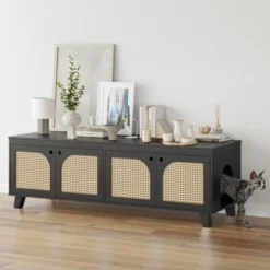 SEVOBAL Pet Crates And Houses Double Large Hidden Cat Litter Box Enclosure Furniture Cabinet With Rattan Doors, Black, 57.9"*19.7"*19.7" -Household Items GUEST 469a3c8a 2a5b 403f 99dc 17c5fb157483