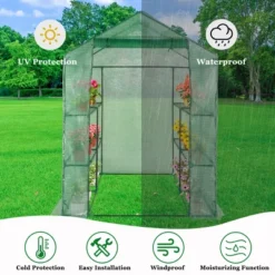 SEVOBAL Greenhouse Iron Pipe Steeple With 8 Pieces Grid Flower Stand With Zipper Rolling Door PE Green House Walk In Planting, Green, 93"*28"*18" -Household Items GUEST 479402fa cb76 4dab b397 d64f05bfc510