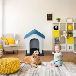 SEVOBAL Pet Crates And Houses All-Weather Dog House, Elevated PVC Shelter With Ventilation For Indoor And Outdoor Use, Blue, 32.7"*10.4"*24.6"