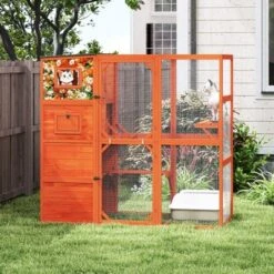 SEVOBAL Pet Crates And Houses Cat Enclosure Window Weatherproof Roof 2 Resting Rooms 2 Platforms For Outdoor Patio Deck, Orange, 76.18"*33.46"*70.08"