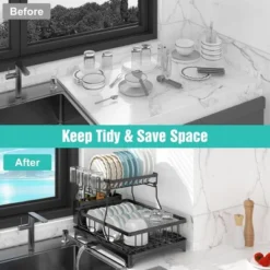 SEVOBAL 2-Tier Dish Racks Kitchen Holder Dish Drying Rack Drainboard Detachable Drainer Organizer Utensil Cup Rack Swivel, Black, 17.36"*12.68"*4.29" -Household Items GUEST 510a61f3 36a6 4e74 b7fa 14a5b800f086