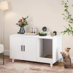 SEVOBAL Pet Crates And Houses, Modern Hidden Cat Box With Scratching Pad, For Living Room, White, 33.5"*18.5"*19.9"