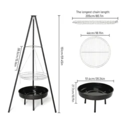 SEVOBAL Grill Cookware Campfire Tripod Adjustable Height With Fire Bowl, Heavy-Duty Steel For Camping, Backyard BBQs, Black, 18.11"*18.11"*59.45"