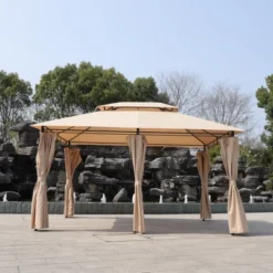 Sevobal Patio Umbrellas Outdoor Patio Gazebo Canopy Tent With Ventilated Double Roof And Mosquito Net, Brown, 157.48"*118"*108.66"