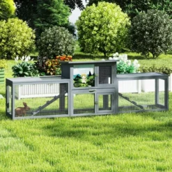 SEVOBAL Pet Crates And Houses Large 2 Story Outdoor Rabbit Hutch Dual Runs Resting Room Sun Roof Pull Out Tray For Patio, Gray, 94.5"*18.9"*31.1"