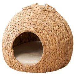 SEVOBAL Woven Wicker Round Cat Bed Cave With Handles,For Any Size Cat Breeds,Use With Cat Tower,Brown, (18"*18"*18")