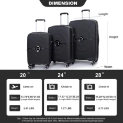 SEVOBAL Luggage 3 Piece Set Expandable Hardshell Suitcase With Double Spinner Wheels For Travel, Black, 19.88"*12.2"*29.72"