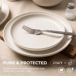 SEVOBAL 12-Piece Stoneware Dinnerware Set Microwave Dishwasher Friendly Stackable Matte Glaze Plates Bowls Service For 4, White, 10"*10"*2.4"