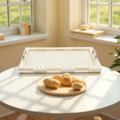 SEVOBAL Serving Platters 2 Set Handcrafted Checkered Serving Trays With Elegant Bone And Resin Set With Handles For Dining, Yellow, 18"*14"*2.5"