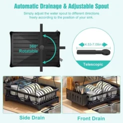 SEVOBAL 2-Tier Dish Racks Kitchen Holder Dish Drying Rack Drainboard Detachable Drainer Organizer Utensil Cup Rack Swivel, Black, 17.36"*12.68"*4.29" -Household Items GUEST 6b00e4cd 9429 44a7 9ebc 094ad668e2ed