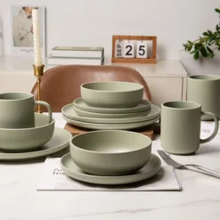 SEVOBAL 12-Piece Stoneware Dinnerware Set With Mug Microwave Dishwasher Friendly Stackable Matte Glaze Plates Bowls Service For 3, Green, 10"*10"*2.4" -Household Items GUEST 6dd32cce 0782 40fb 8113 0568c821c8d4 1