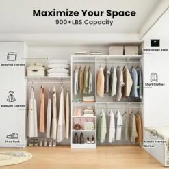 SEVOBAL Freestanding Coat Racks 5 Shelves And 4 Rods Heavy-Duty Wood Closet Organizer System， Adjustable Storage For Using, White, 15.8"*96.1"*75" -Household Items GUEST 6e73611a 642d 4e39 93fe 2f5ffa681516