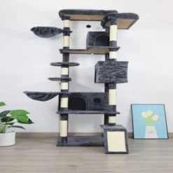 SEVOBAL Pet Tower 84-Inch Multi-Level With Spacious Condo, Hammock With Sisal Scratching Posts For Multiple Cats, Dark Gray, 24.41"*15.35"*20.47"