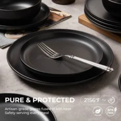 SEVOBAL 12-Piece Stoneware Dinnerware Set With Mug Microwave Dishwasher Friendly Stackable Matte Glaze Plates Bowls Service For 3, Black, 10"*10"*2.4"