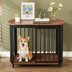 SEVOBAL Pet Crates And Houses Curved Pet Cage Dual Purpose Furniture Ventilated Structure Chew Resistant, Brown, 31.5"*23.03"*25.87"
