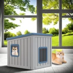 SEVOBAL Pet Crates And Houses Slanted Roof Pet House Two Entry Doors Rain Protection Simple Setup For Indoor Outdoor Use, Blue, 24.65"*21.5"*22.21" -Household Items GUEST 7773efc4 39a6 467e 9157 2b0731289dd4