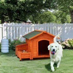 SEVOBAL Pet Crates And Houses Premium Wooden Dog House, Spacious Indoor, Outdoor Shelter With Food Storage, Feeding Station, Orange, 35.8"*29.1"*7.5"