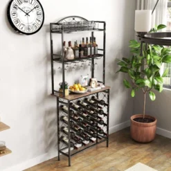 SEVOBAL Racks Multipurpose Display 3 Tier Bar Table With Spacious Organized Display Functional Storage For Rooms, Black Brown, 31.5"*3.54"*3.54"