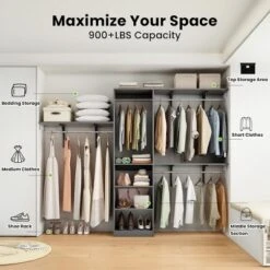 SEVOBAL Freestanding Coat Racks 6 Shelves And 3 Rods Heavy-Duty Wood Closet Organizer System， Adjustable Storage For Using, Gray, 15.8"*96.1"*75"